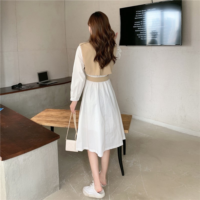 [ORDER TAOBAO/TMALL 053 ] Set váy babydoll trắng + Áo giả da cổ sơ mi khuyết tay đi liền thắt lưng