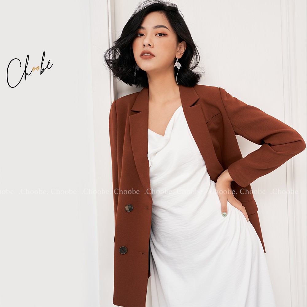 Áo blazer Choobe hai lớp, dài tay, vest nữ màu Nâu trơn, phong cách Hàn Quốc thanh lịch- BL4