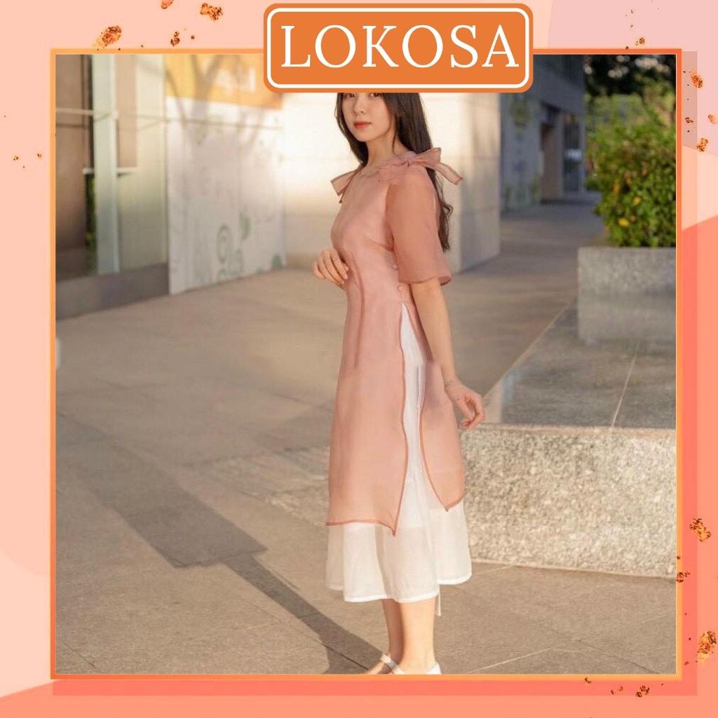 Áo dài cách tân LOKOSA tơ mềm mại màu hồng xanh trẻ trung Áo dài thiết kế phối chân váy xòe AO027