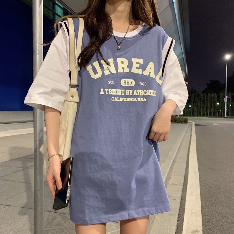 Áo thun tay ngắn giả hai lớp dáng rộng phong cách Hàn Quốc Harajuku cho nữ sinh