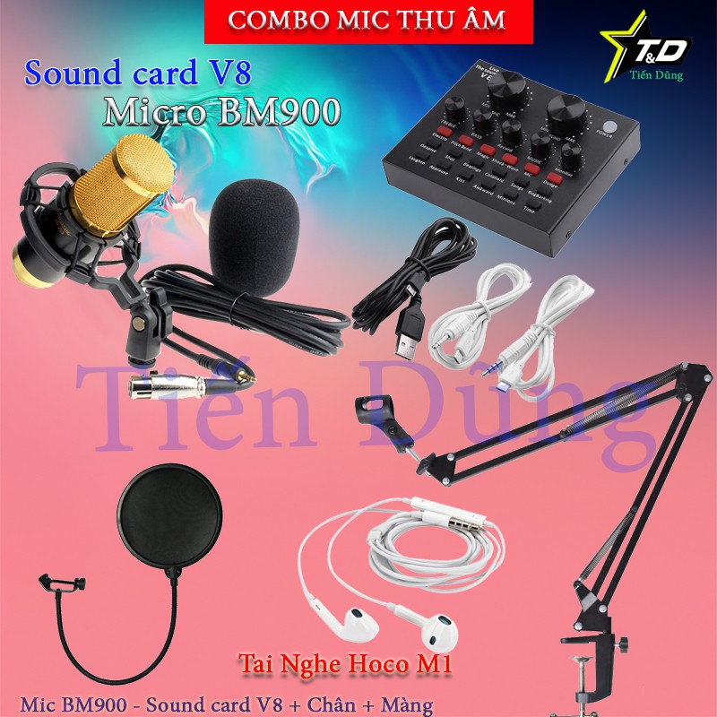 BỘ LIVESTREAM BM900 SOUND CARD V8 CHÂN MÀNG TAI NGHE hocoo M1 THU ÂM