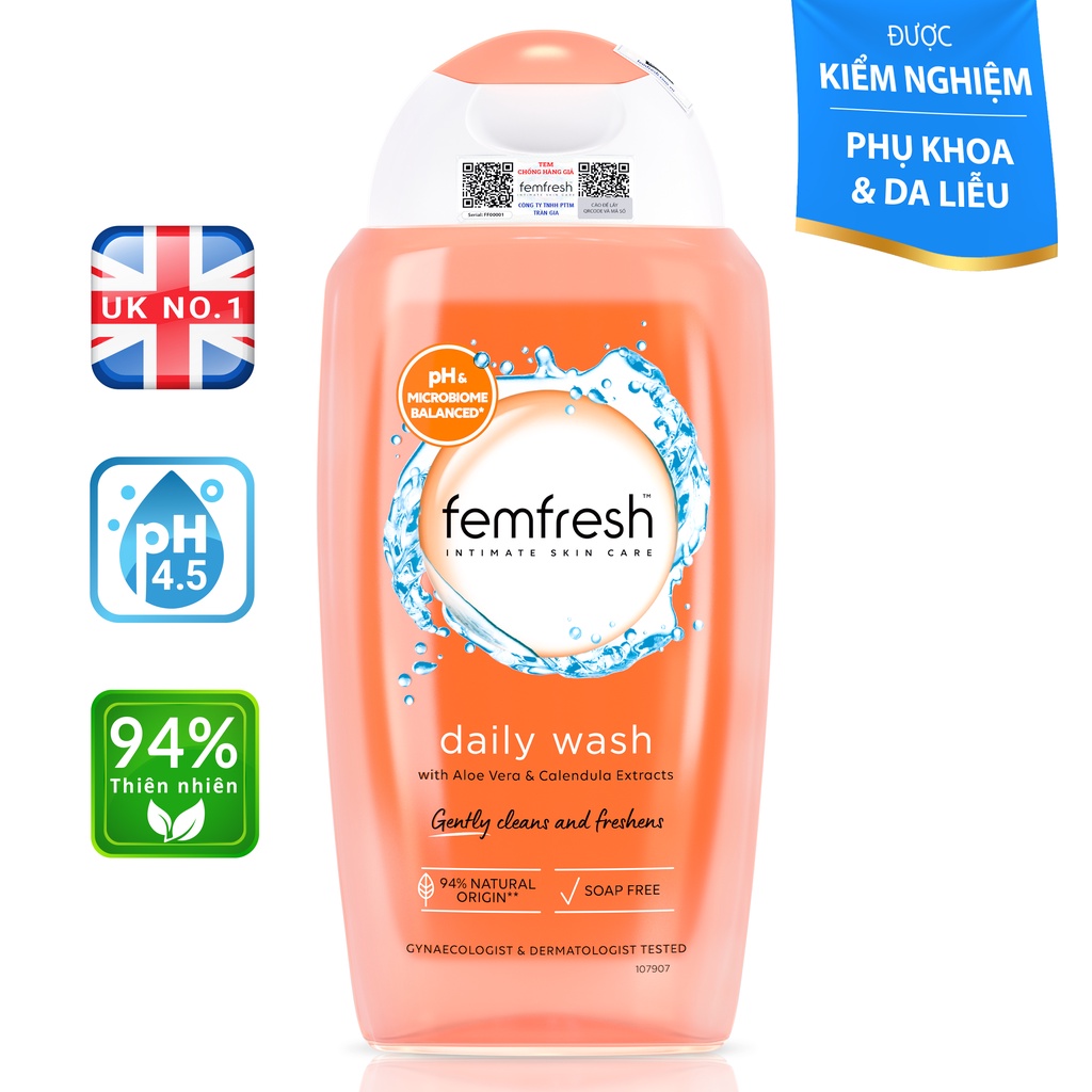 Femfresh Daily Wash (Màu Cam) - Dung Dịch Vệ Sinh Phụ Nữ, Dưỡng Ẩm, Khử Mùi, Dịu Nhẹ (Chai 250ml) [Chính Hãng Anh UK]