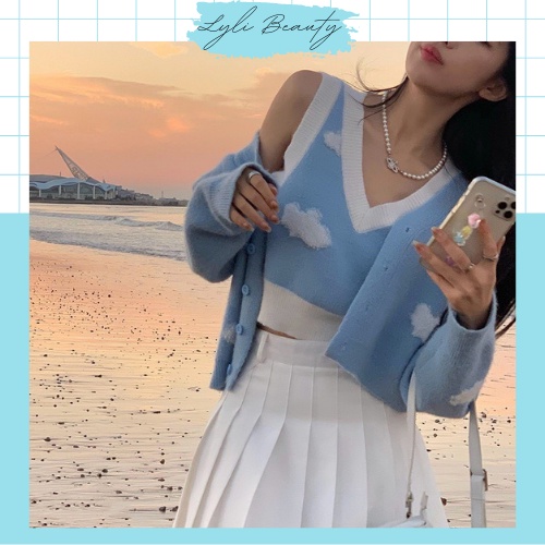 Set đồ 3 món chấn váy chữ A tennis - áo croptop cổ V - áo khoac ngoiaf dài tay Lylibeauty