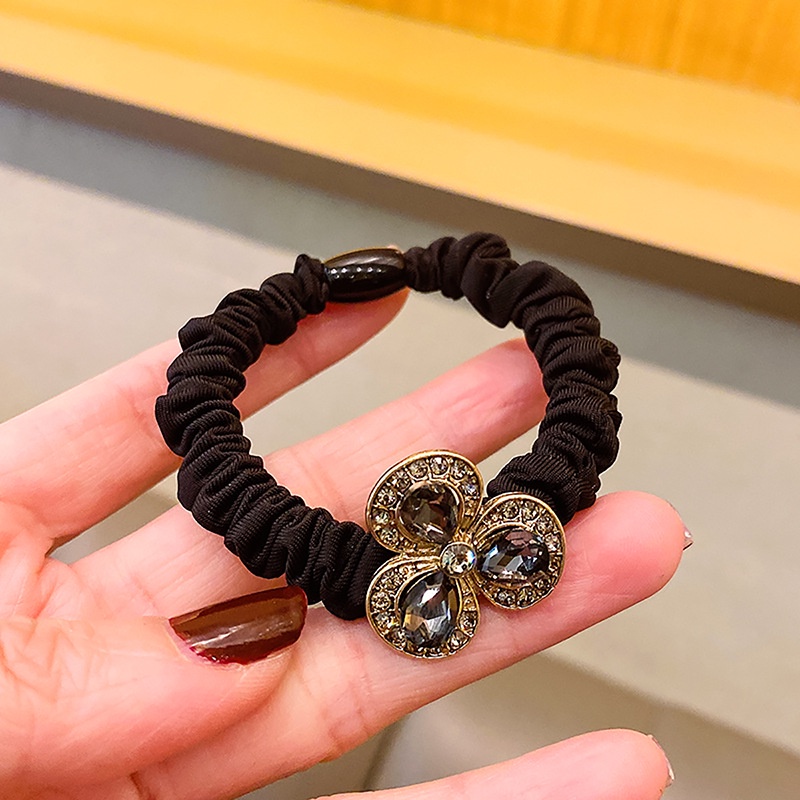 Dây Buộc Tóc Vải Màu Đen Đính Đá Pha Lê Hình Hoa/Thỏ Xinh Xắn Thời Trang Cho Nữ
