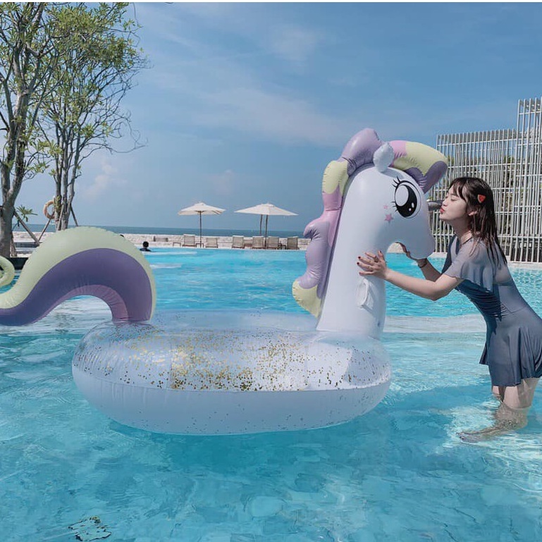 Phao Bơi Kì Lân Ánh Nhũ 240cm Khổng Lồ Người Lớn Kèm Bơm Điện + Phao Mini