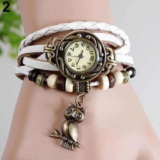 MACmk Women Retro Braided Faux Leather Bracelet Owl Decor Beaded Quartz Wrist Watch