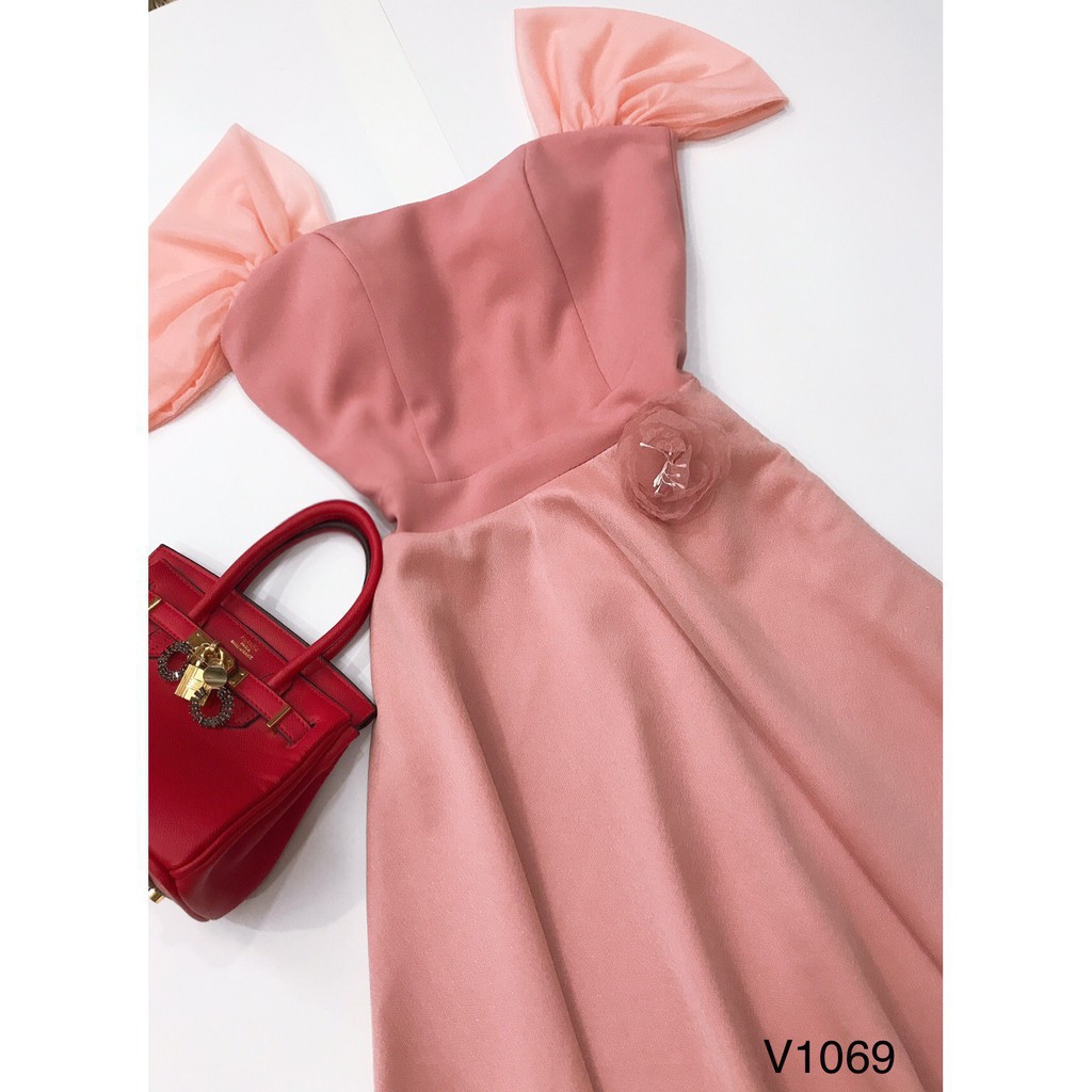 [ xả kho ] MiD Đầm hồng tay voan trễ vai V1069 Mie Design ảnh thật