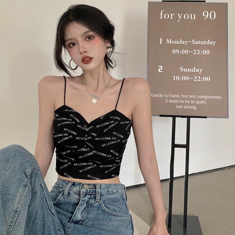 Áo croptop nữ hai dây cổ V họa tiết chữ đơn giản thời trang mùa hè Hàn Quốc