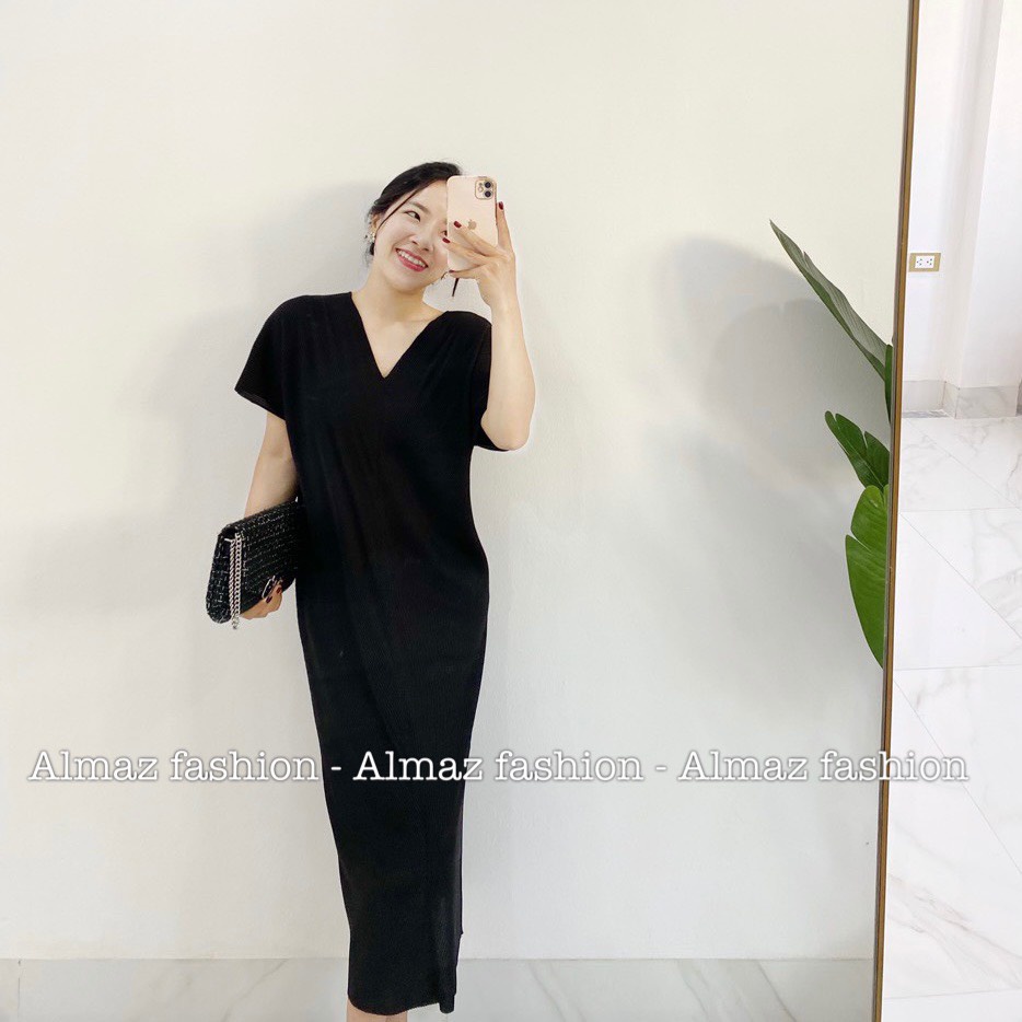 Váy  cổ V form suông nhúng chun sang chảnh dành cho mẹ bầu - Almaz Fashion