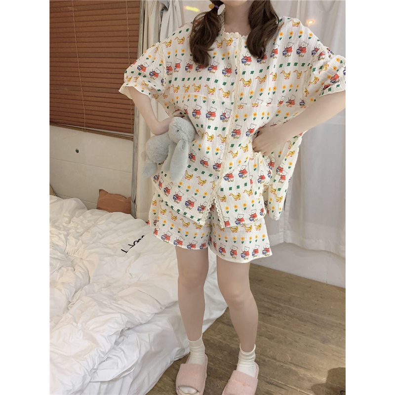 Bộ Đồ Ngủ Tay Ngắn Dáng Rộng Phối Ren In Hoạt Hình Gấu Dễ Thương Thời Trang Mùa Hè Cho Nữ