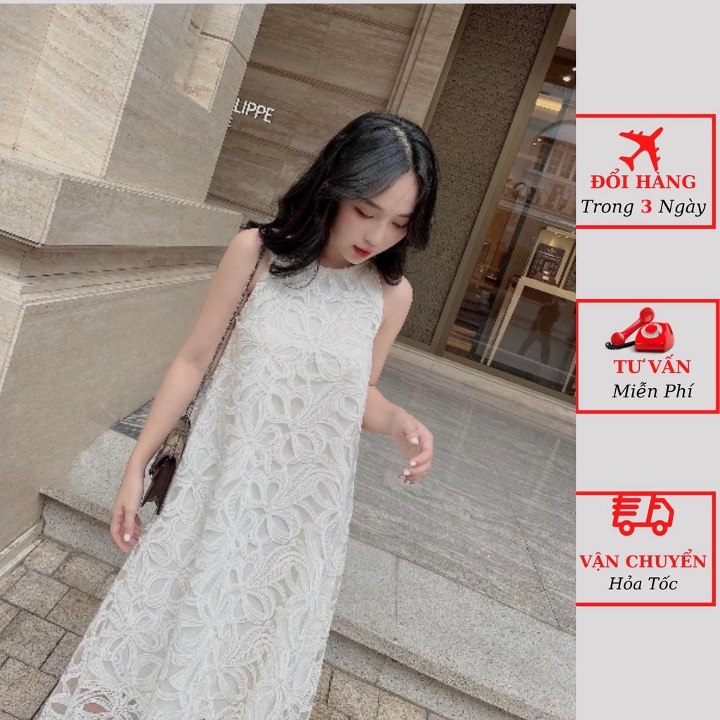 Váy ren nữ hoa nổi cổ yếm dáng suông dài maxi sát nách đi biển du lịch ulzzang Hàn Quốc đầm bầu