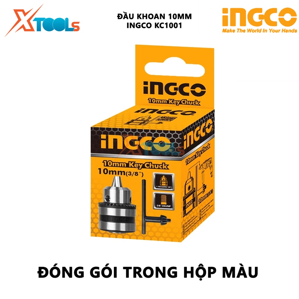 Đầu khoan INGCO KC1001 đầu máy khoan khả năng khoan 0.8-10mm, kích thước kết nối 3/8 inch, kèm 1 khóa vặn chuyên dùng kh