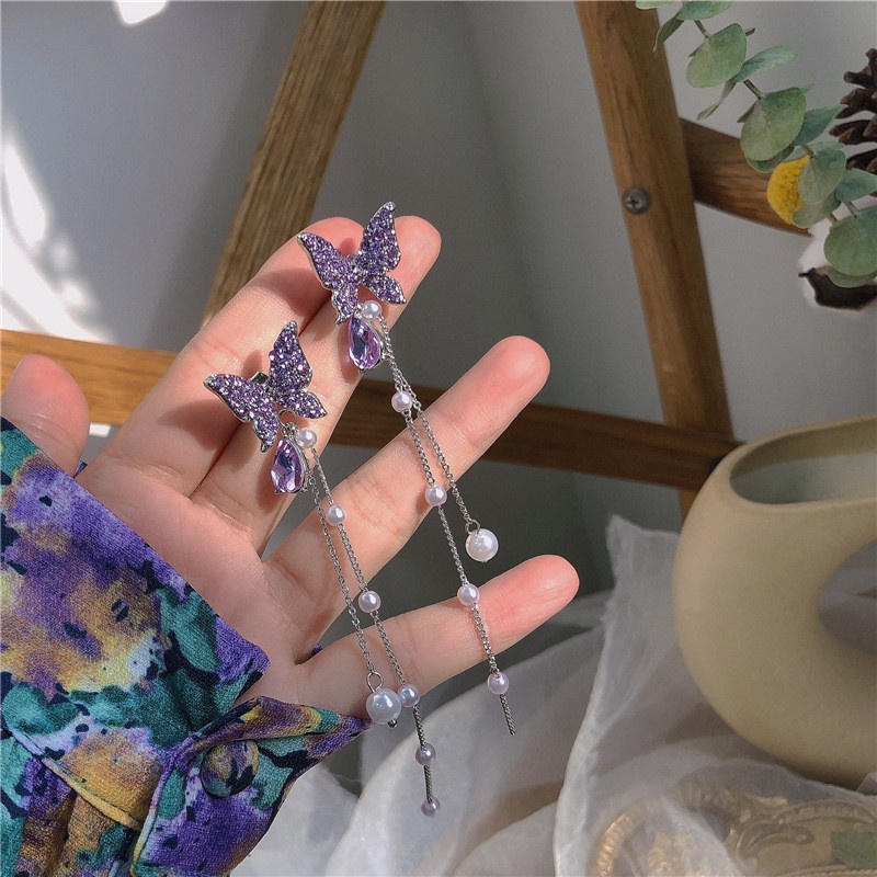 Khuyên Tai Tua Rua Dáng Dài Đính Ngọc Trai Hình Bướm Màu Tím Sang Trọng Thời Thượng Cho Nữ