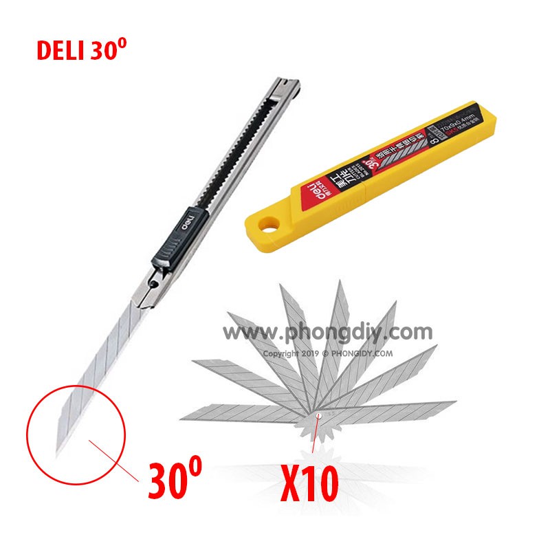 Combo dao rọc giấy 30 độ + hộp 10 lưỡi của Deli