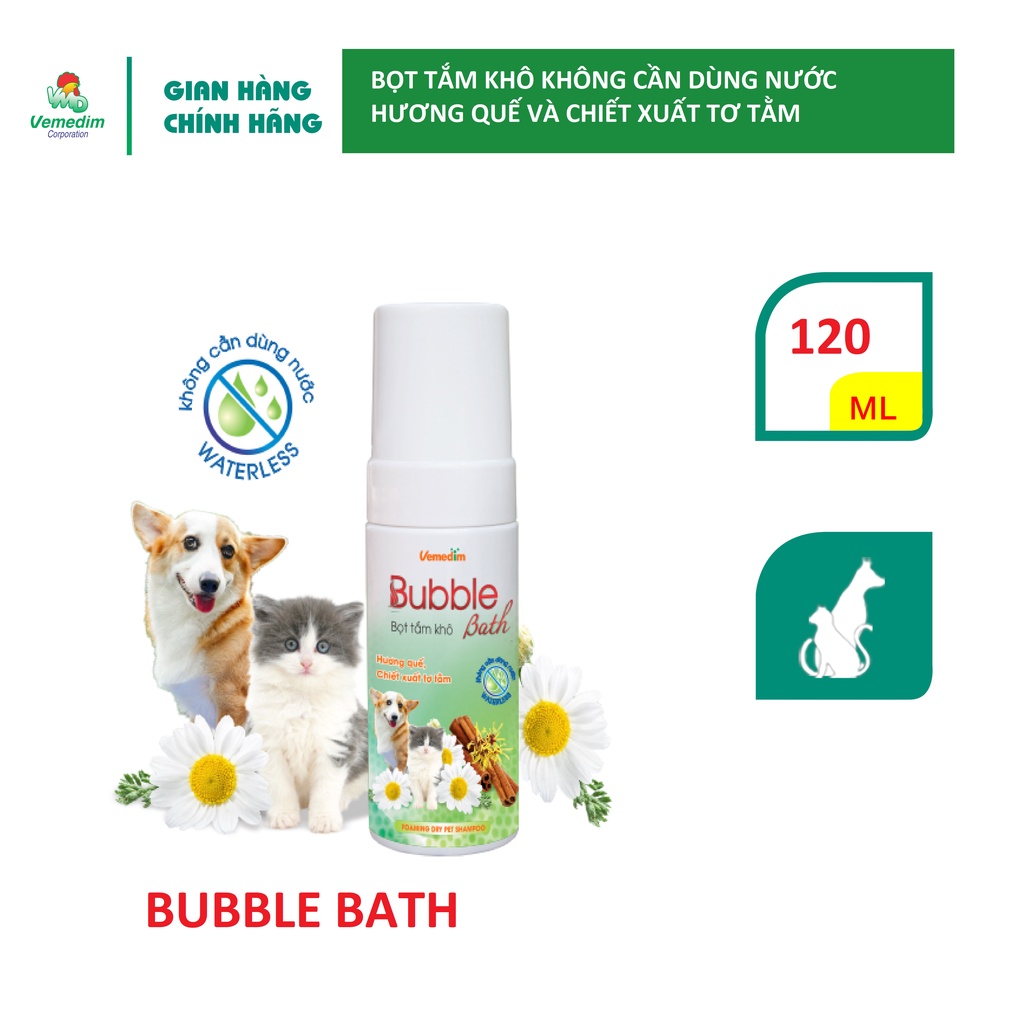 Vemedim Bubble bath bọt tắm khô chó mèo không cần dùng nước, tiện lợi mang theo cho bé du lịch, chai 120ml
