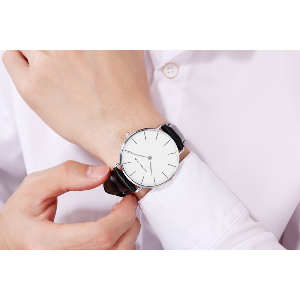 Đồng hồ nam dây da Hannah Martin máy Nhật bảo hành 12 tháng chống nước đi mưa