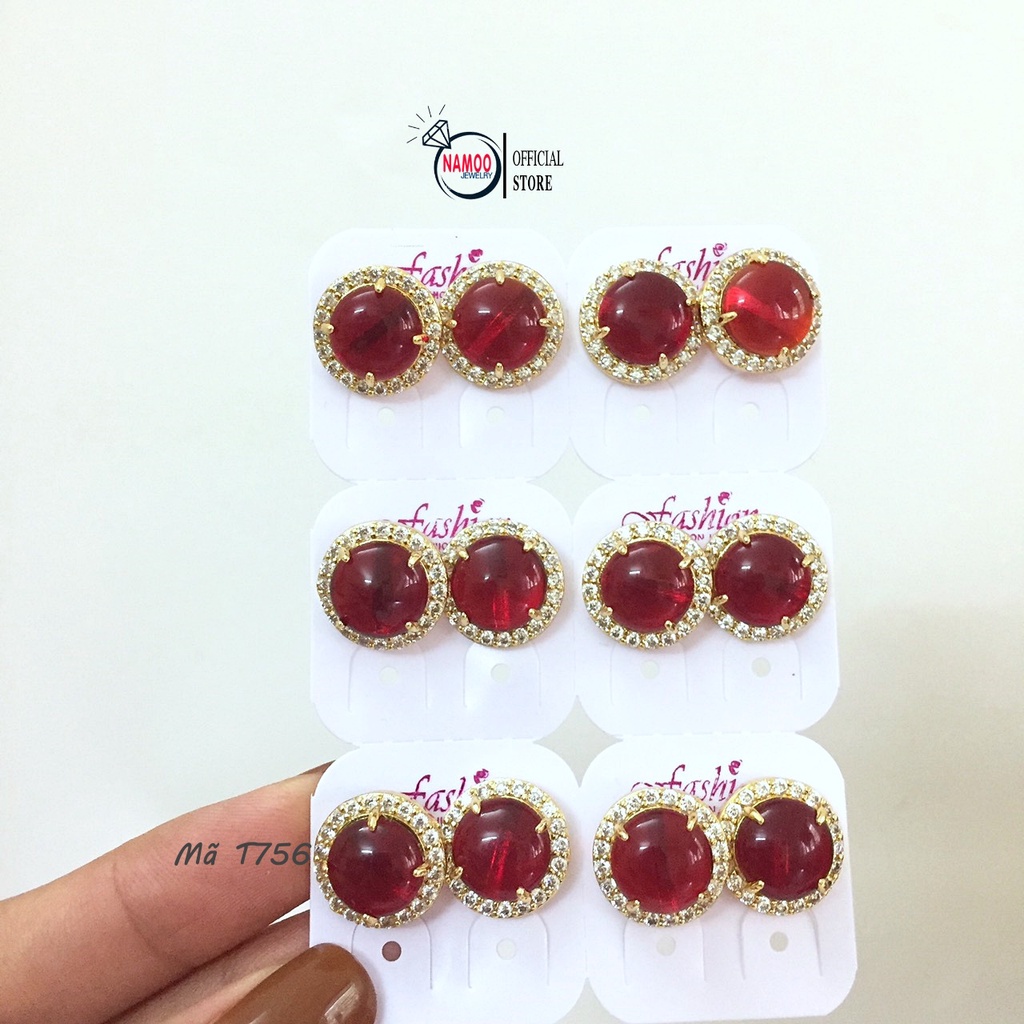 Khuyên Tai Đá Đỏ T756 Nút Nụ Bền Màu Bảo Hành 6 Tháng