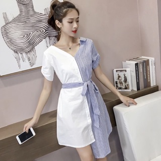 Đầm sơ mi phối sọc lệch tà (kèm hình thật)