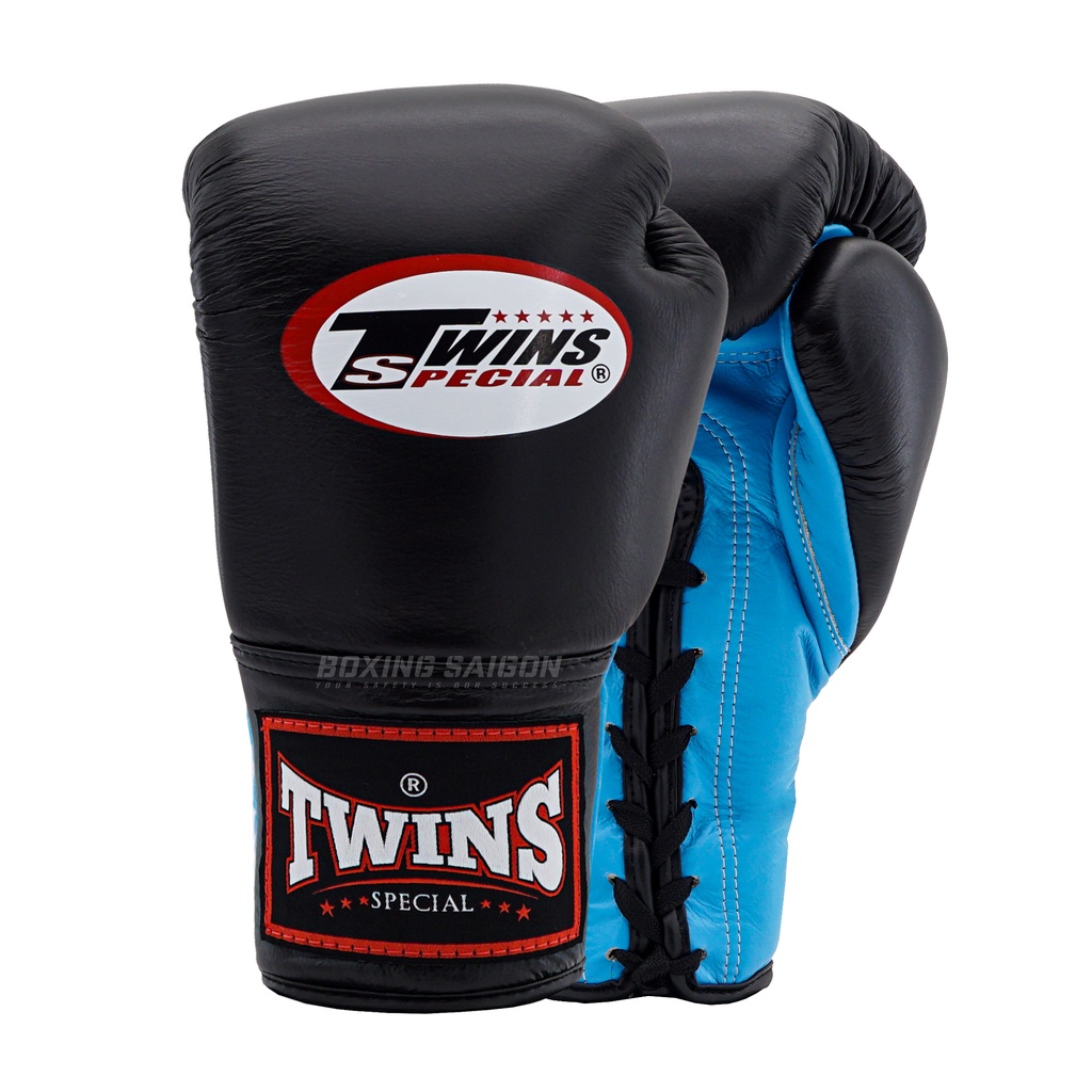 Găng tay Boxing Muay Thai Twins BGLL1 Lace-up - Black/Light Blue