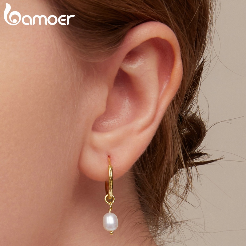 Đôi bông tai BAMOER bằng bạc 925 đính ngọc trai thời trang cho nữ