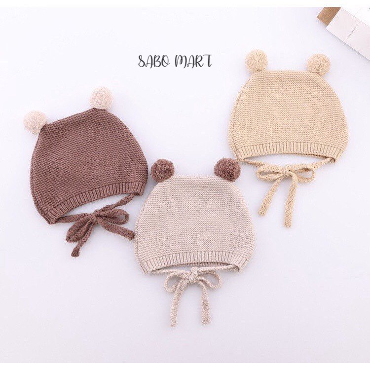 Mũ Len Tai Bông Có Dây Buộc Kiểu Dáng Hàn Quốc Xinh Yêu Cho Bé 3-24 tháng - SABOMART