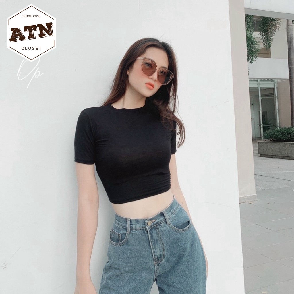 Áo Croptop Tay Ngắn Cổ Tròn _ Chất Borip Dày Dặn Mềm Mại Co Giản Mạnh Size 53kg Ảnh Thật 100%