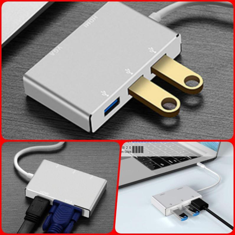 Cáp chuyển USB Type-C ra HDMI, VGA, USB 3.0 x 3 - cho Macbook, Samsung dex