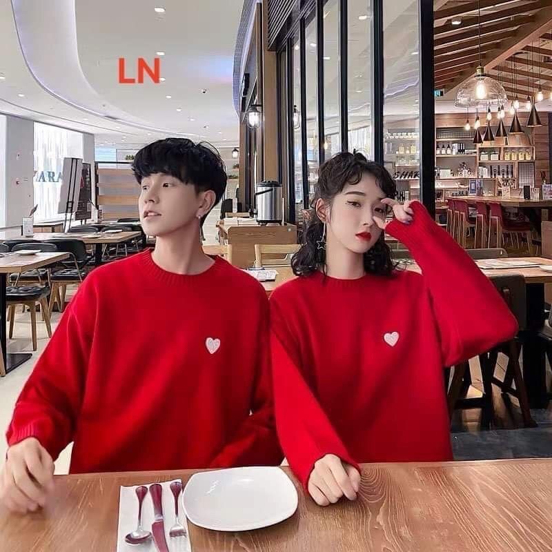 áo đôi thu đông nam nữ diện tết 2021 vải nỉ đẹp, áo sweater màu đỏ