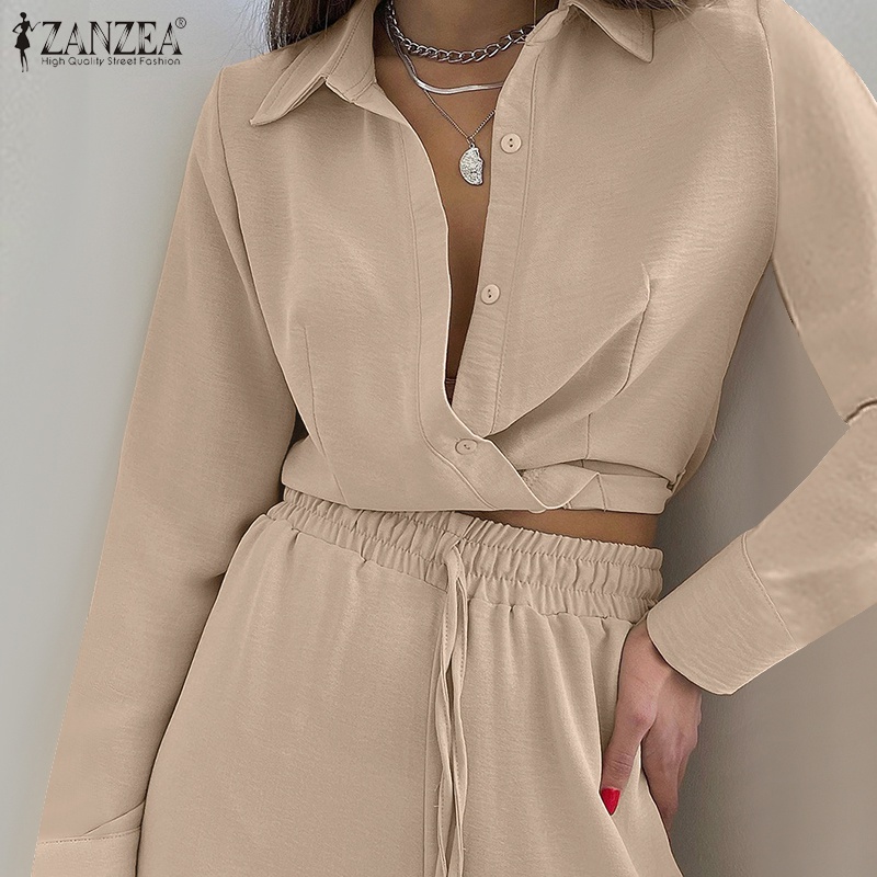 Bộ quần áo nữ ZANZEA với áo dáng ngắn dài tay và quần dài lưng thun ống rộng thường ngày