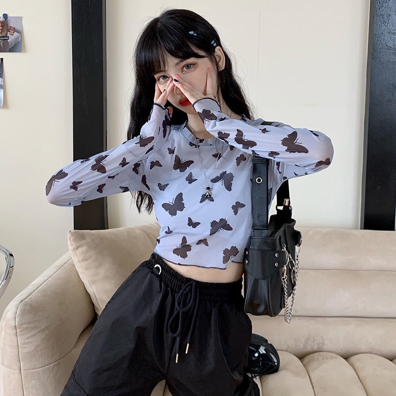 Áo Thun Croptop Tay Dài Phối Lưới Thời Trang Mùa Hè Cho Nữ