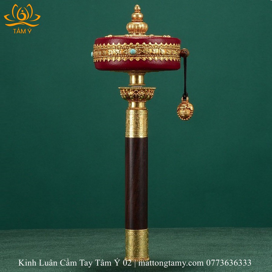 Kinh Luân Cầm Tay Bằng Đồng Bọc Da Thật Màu Đỏ Tâm Ý 02, Cán Bằng Gỗ Quý