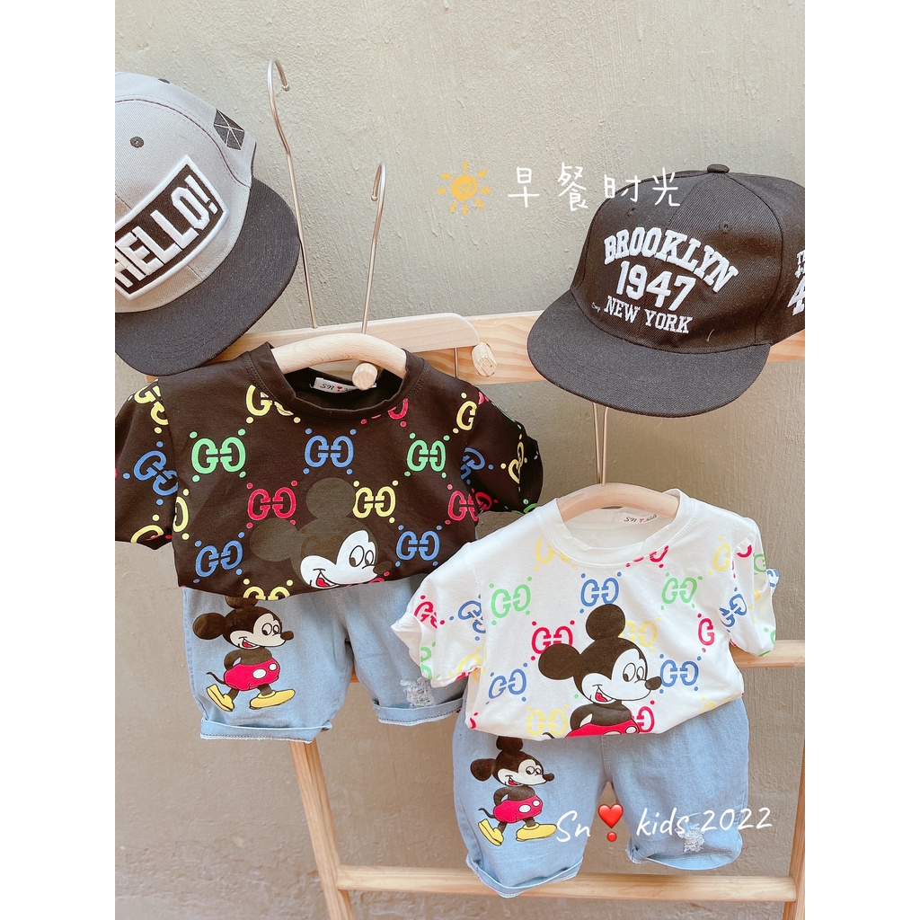 Bộ cộc tay bé trai, bộ áo cotton hình mickey kèm short jean xịn xò cho bé