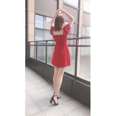 [VD092] Đầm chữ A cổ vuông chấm bi (có ảnh thật)