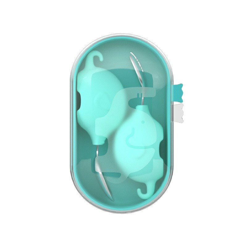 Hộp Thìa + Dĩa Tập Xúc Cho Bé Ăn Dặm Bằng Inox Cán Hình Voi