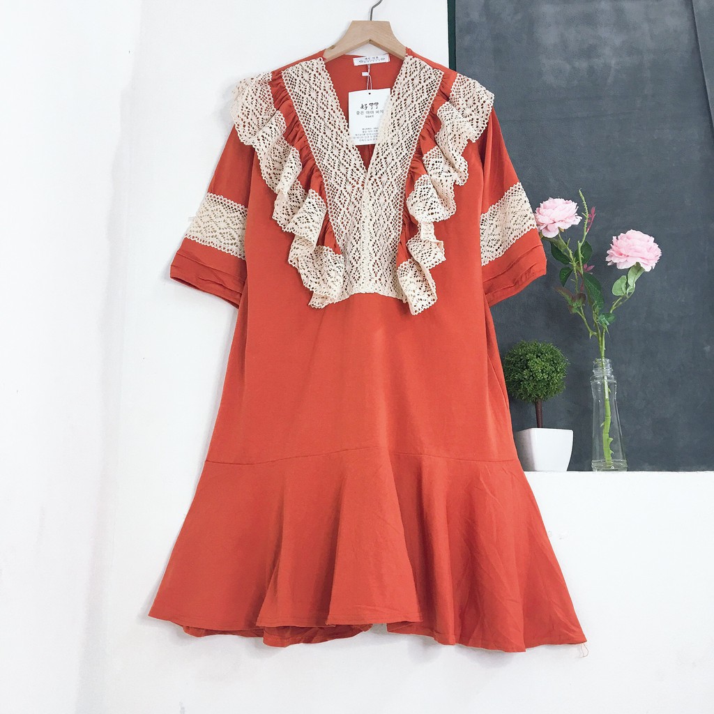 Váy bầu cotton cổ viền ren bèo cực kỳ xinh - V23