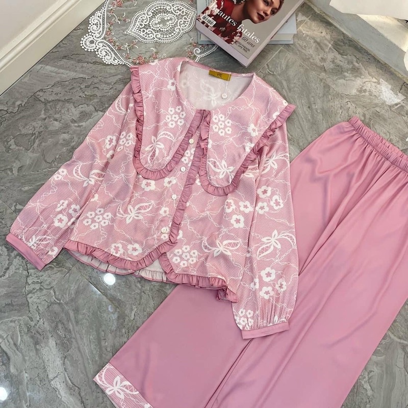 Set đồ ngủ lụa xước tiểu thư thiết kế QC siêu sang xịn