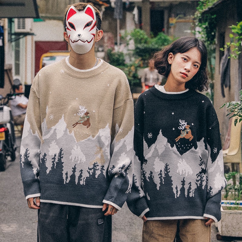 Áo Sweater Dáng Rộng Thêu Họa Tiết Tuần Lộc Giáng Sinh Phong Cách Nhật Bản Dễ Phối Đồ Cho Cặp Đôi