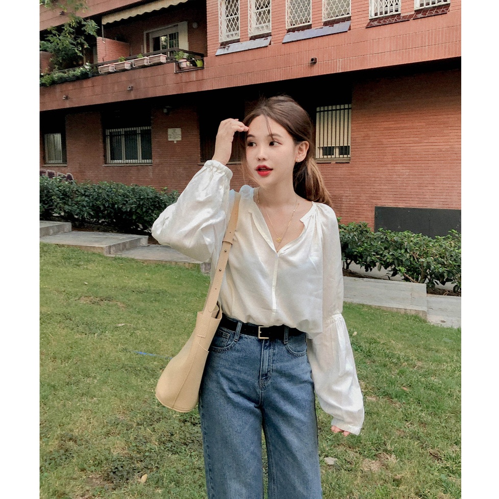 SUXI NEW Áo Kiểu Tay Dài Màu Trơn Thiết Kế Cổ Chữ V Thanh Lịch