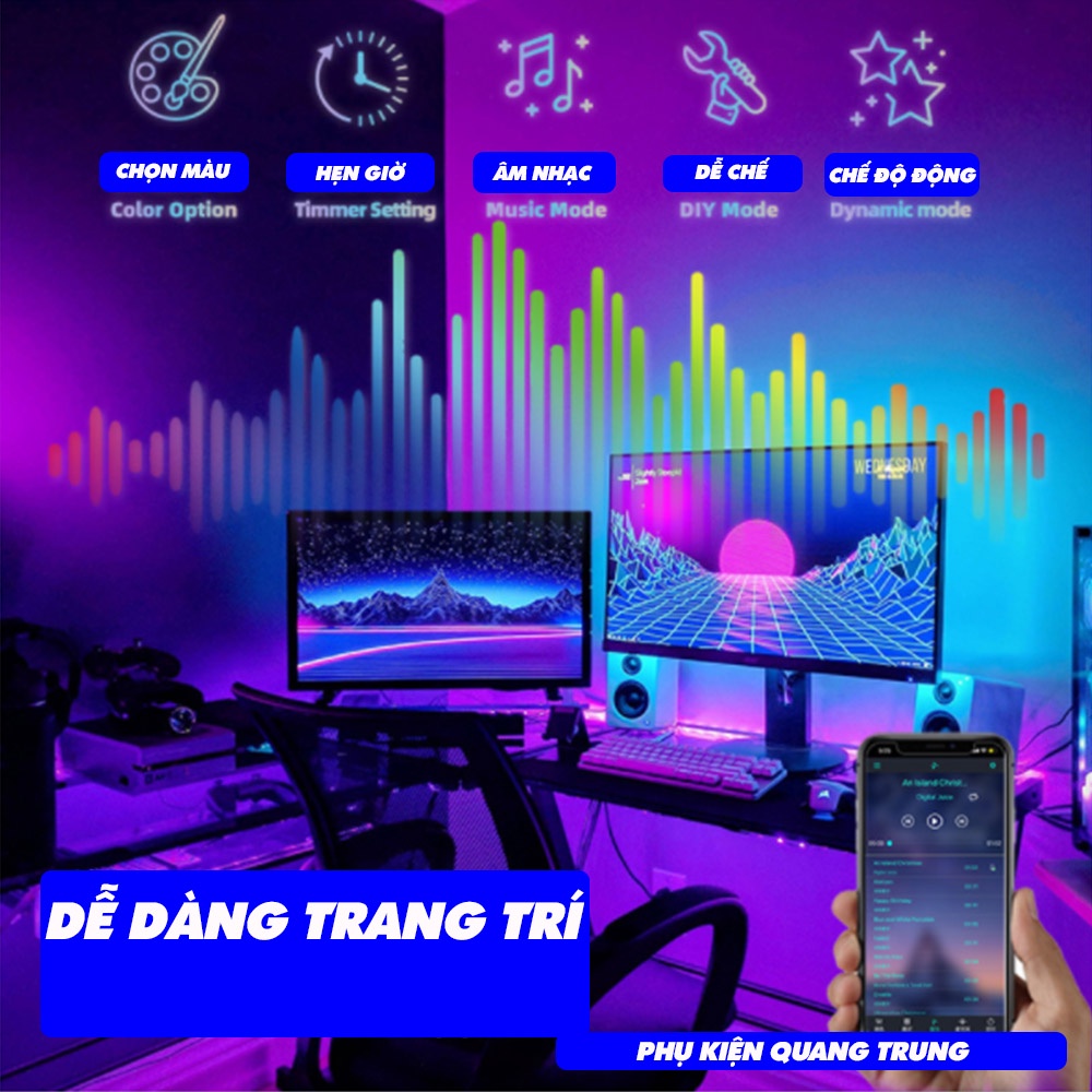 Đèn led RGB nháy theo nhạc, kết nối bluetooth điều khiển qua app điện thoại, kháng nước, có điều khiển hồng ngoại