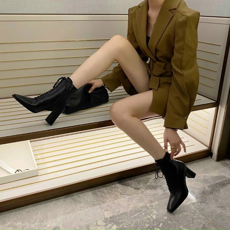 X(ẢNH THẬT) Boot Cổ Thấp Gót 7p Dây Buộc Sexy  Da Mềm Êm Fullbox Cao Cấp