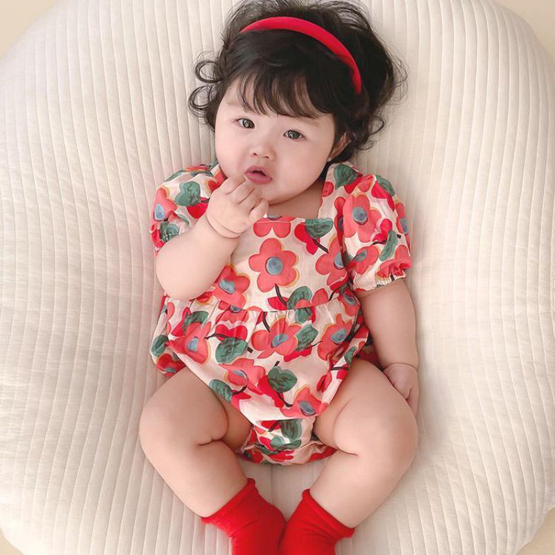 Áo Liền Quần Tam Giác Cổ Tròn In Họa Tiết Hoa Dễ Thương Cho Bé Gái