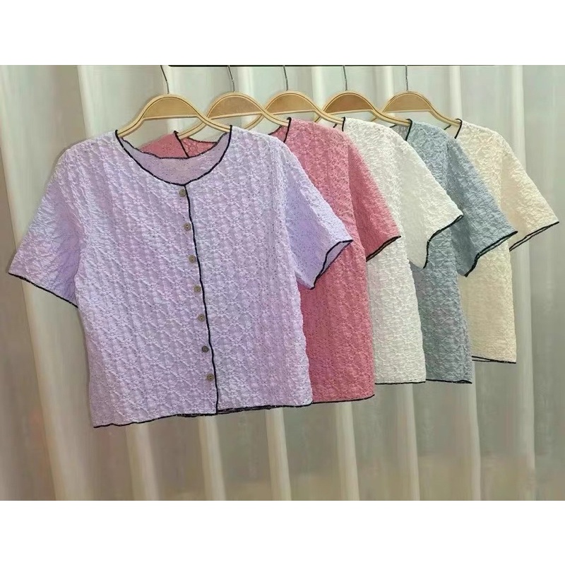 Áo sơ mi ren thiết kế nữ kiểu cổ tròn tay ngắn phong cách trẻ trung sang trọng New Arival