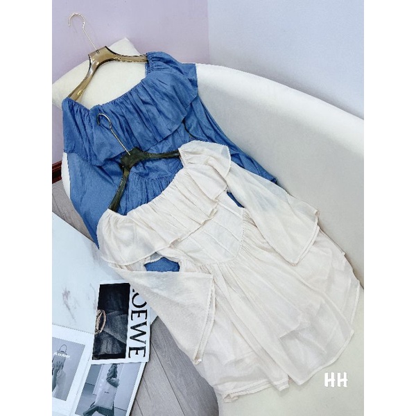 Jum Trễ Vai Ms.1132 Jum Tơ Hai Lớp Siết Eo Dáng Xòe Xếp Ly, Chất Tơ Hai Lớp Bồng Bềnh