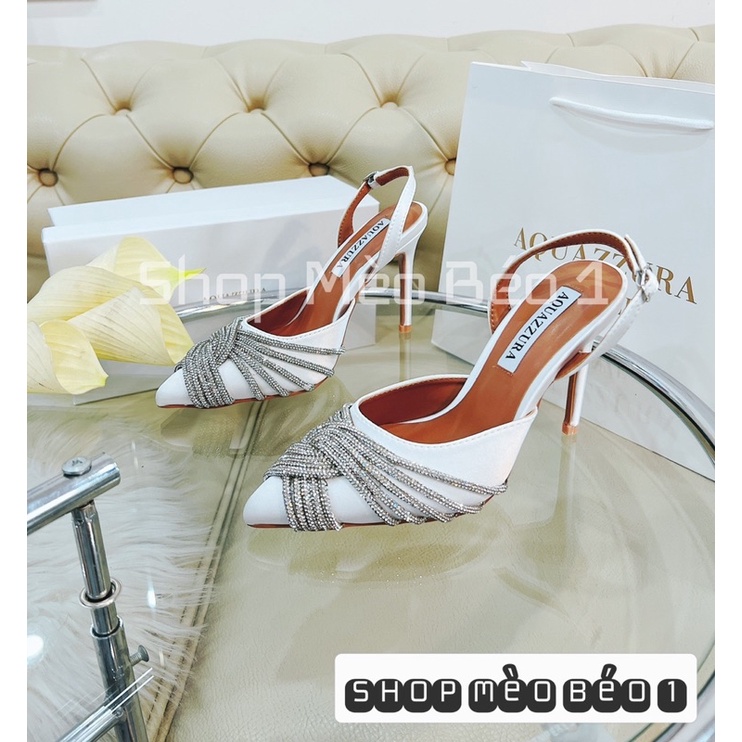 Sandal mica mũi nhọn gắn đá đan chéo gót nhọn fullbox hàng quảng châu cao cấp