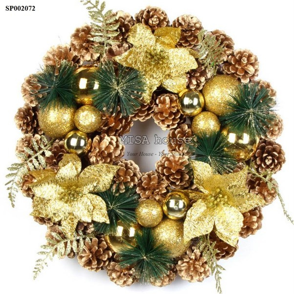 Vòng nguyệt quế vòng noel treo cửa đẹp 40cm màu vàng đầy đủ trái châu cây trạng nguyên quả thông noel khô