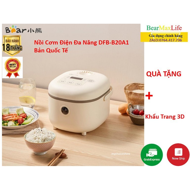 [FreeShip][Ship2H]Nồi cơm điện, Nồi cơm điện mini thông minh, BEAR DFB-B20A1, 2 lít, 8 chế độ nấu đa năng, Bảo Hành 18T