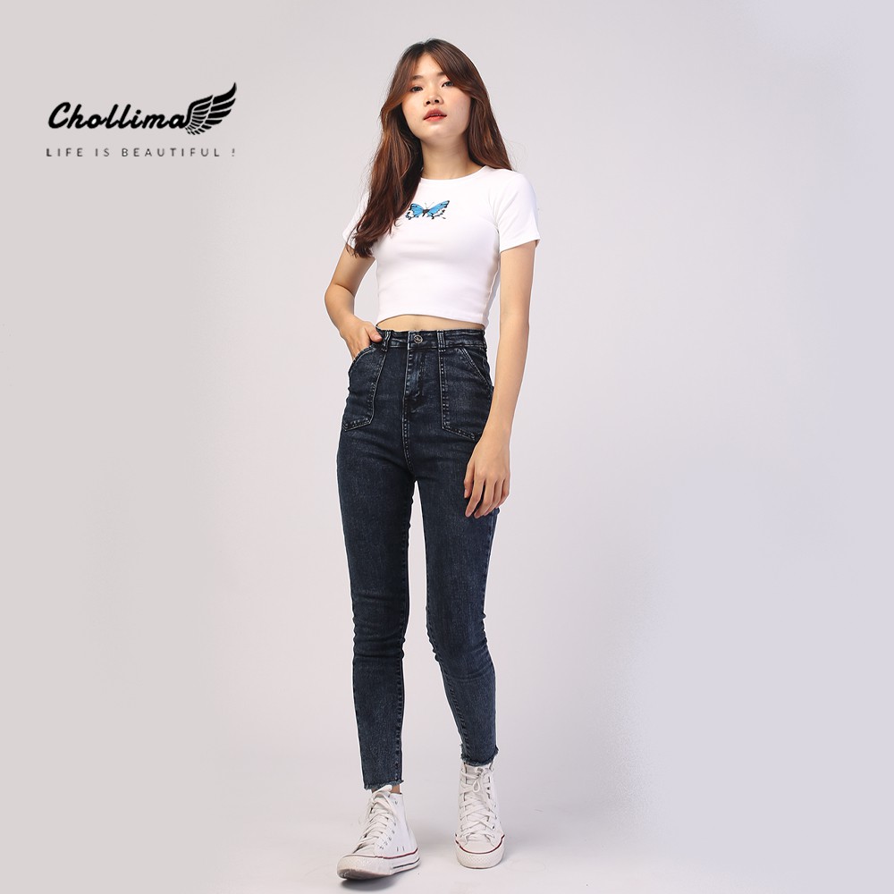 Quần dài jeans nữ co giãn Chollima cạp siêu cao đắp 2 túi nhọn QD005  – quần bò nữ cạp siêu cao