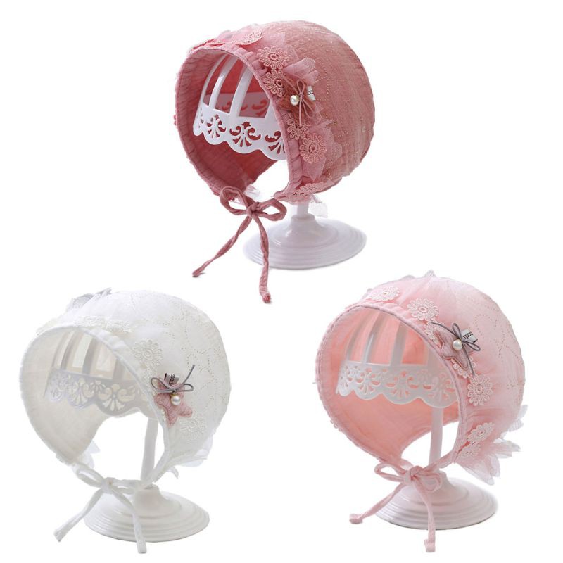 Nón ren buộc dây chất liệu cotton xinh xắn cho bé sơ sinh