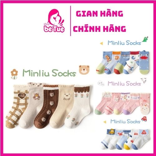 Sét 5 Đôi Tất Minliu Kids Socks Cổ Cao Cho Bé, Chất Siêu Đẹp Vải Mềm Mịn (1-6 Tuổi )