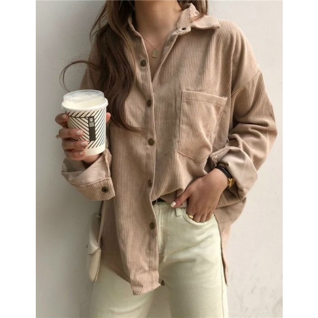 Áo sơ mi nhung tăm unisex form rộng Hàn Quốc